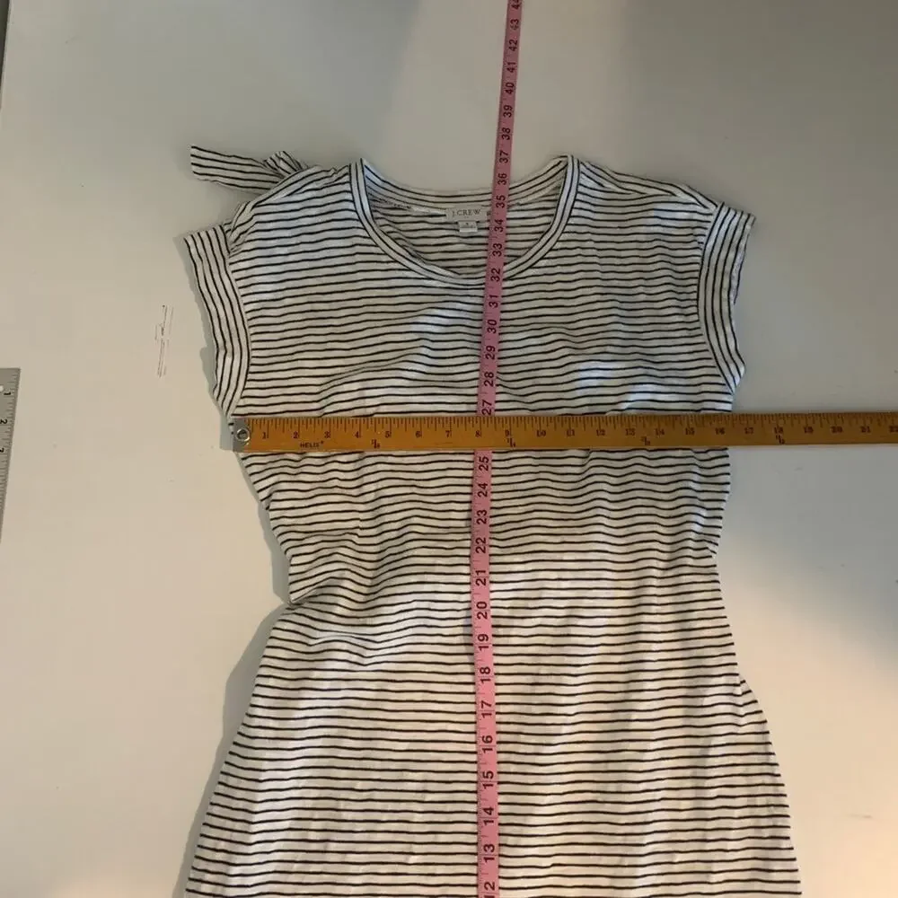 J Crew Dress Womens S Small White Navy Cotton Striped Tie Waist Crew Neck Mini
